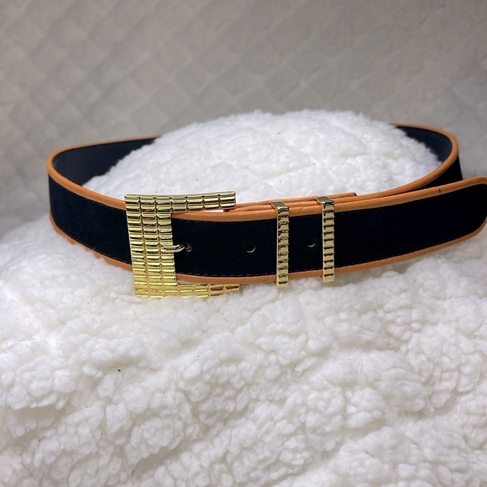 Escada Black and Tan Belt with Gold Details